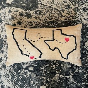 Custom designed burlap pillow. Southern California to Texas ❤️